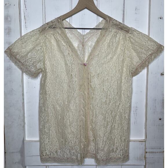 VTG Jenelle of California Sheer Cream Lace Pink Trim Peignoir Lingerie Jacket - Picture 1 of 9